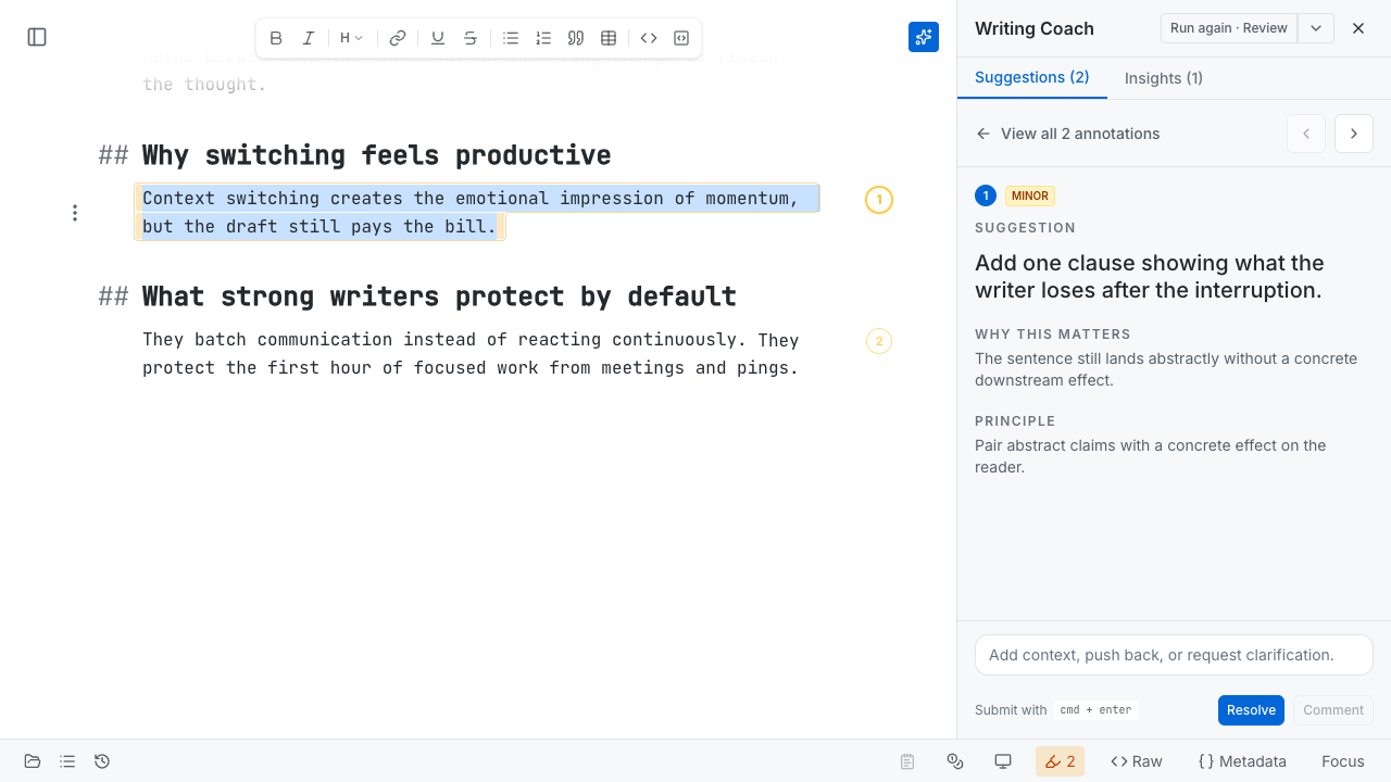 Expanded Writing Coach suggestion ready for a comment or resolution