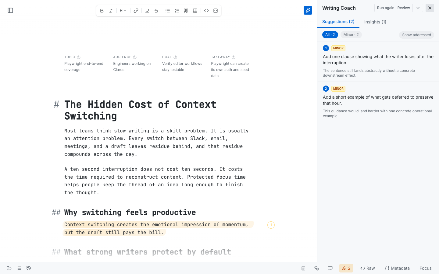 Writing Coach open beside an active document