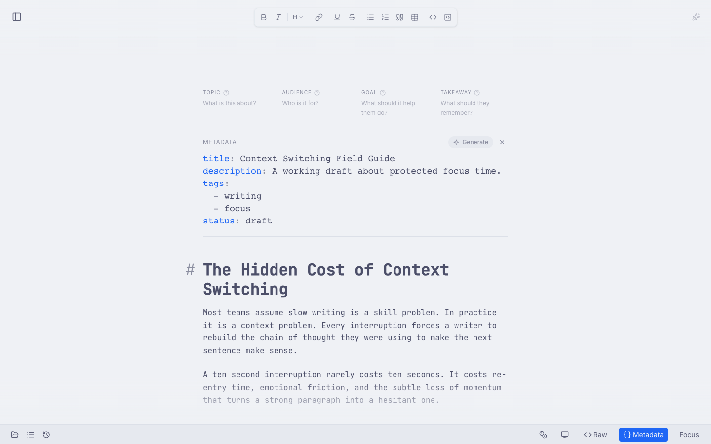 Front matter view open inside the editor