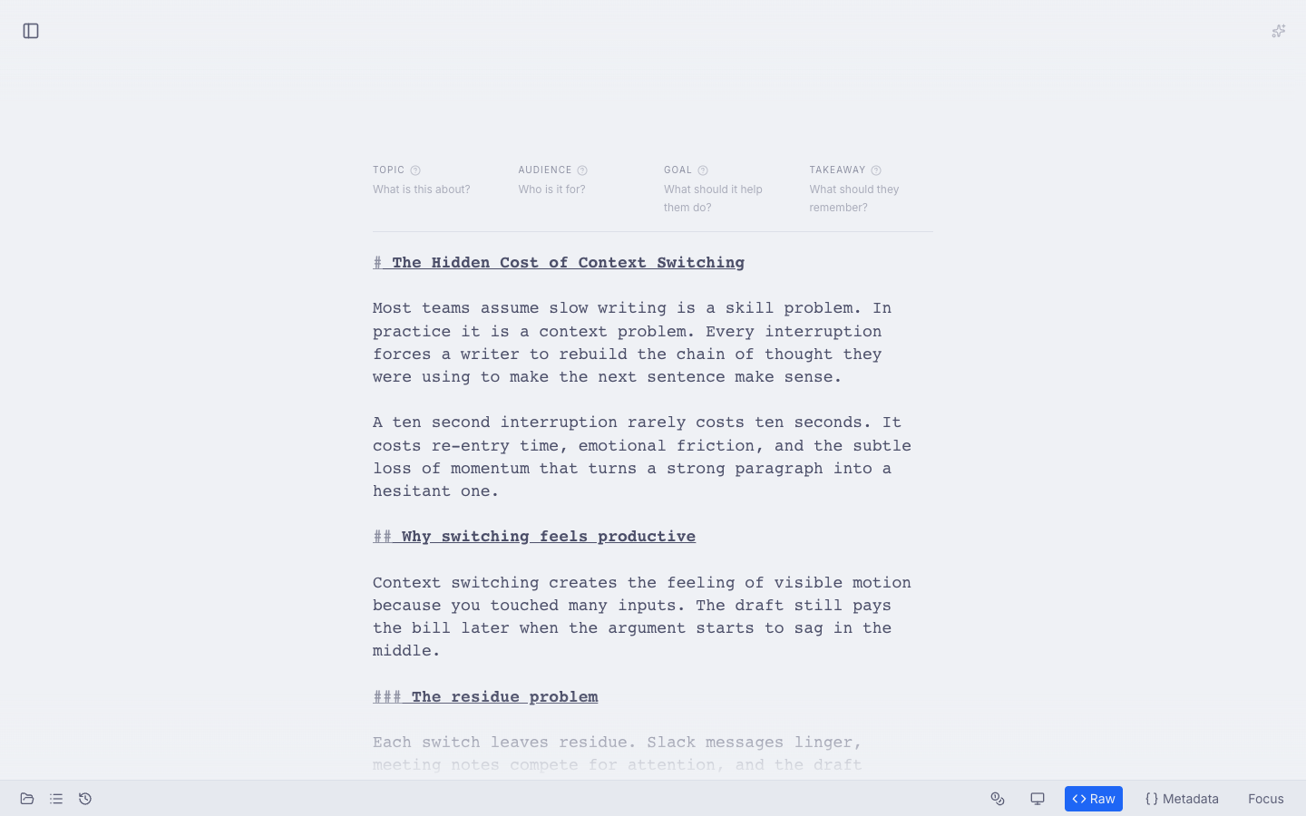 Raw markdown mode showing the document source