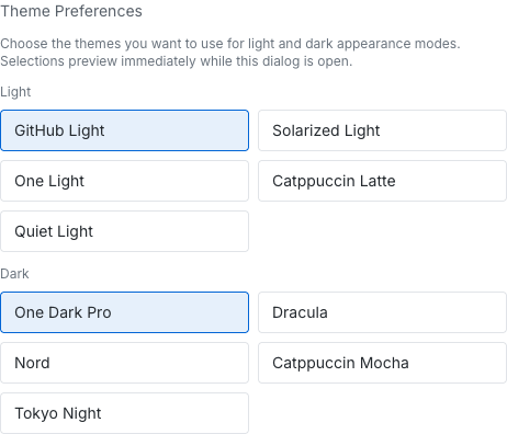 Theme preferences dialog with light and dark presets