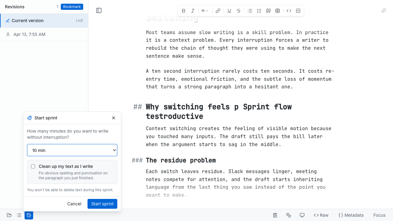 Sprint start dialog with a time selector and Start sprint button